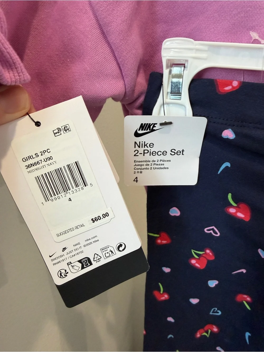 NWT, Nike Kids' Pink Crewneck and Leggings set with Heart & Cherry Print, size 4